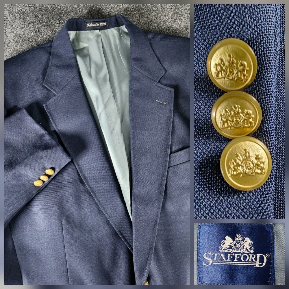 VTG Stafford Mens Navy Blue Hopsack Blazer Gold Crest Buttons USA Made Size 46R